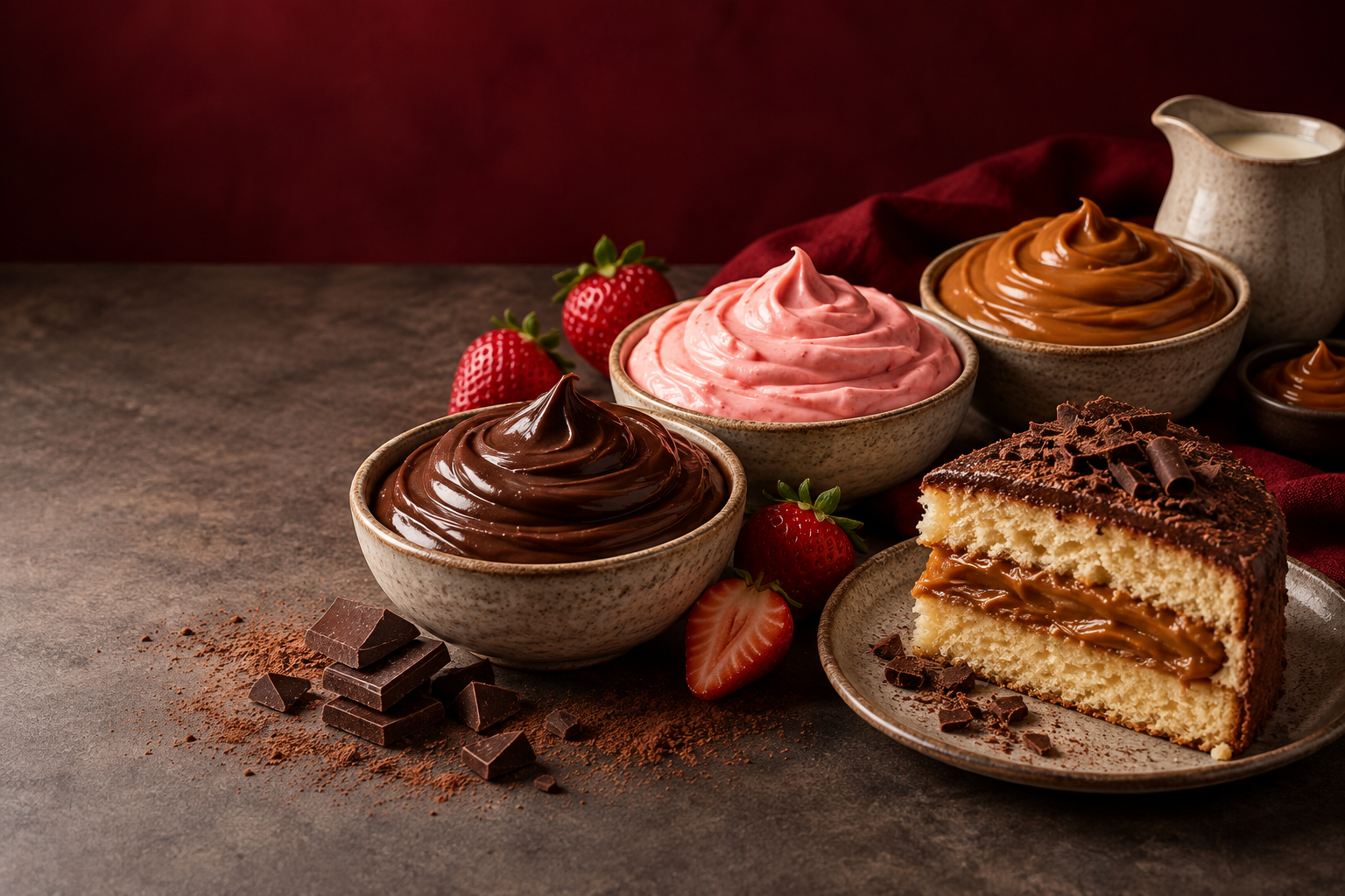 Rellenos cremosos de chocolate, fresa y arequipe junto a una torta rellena